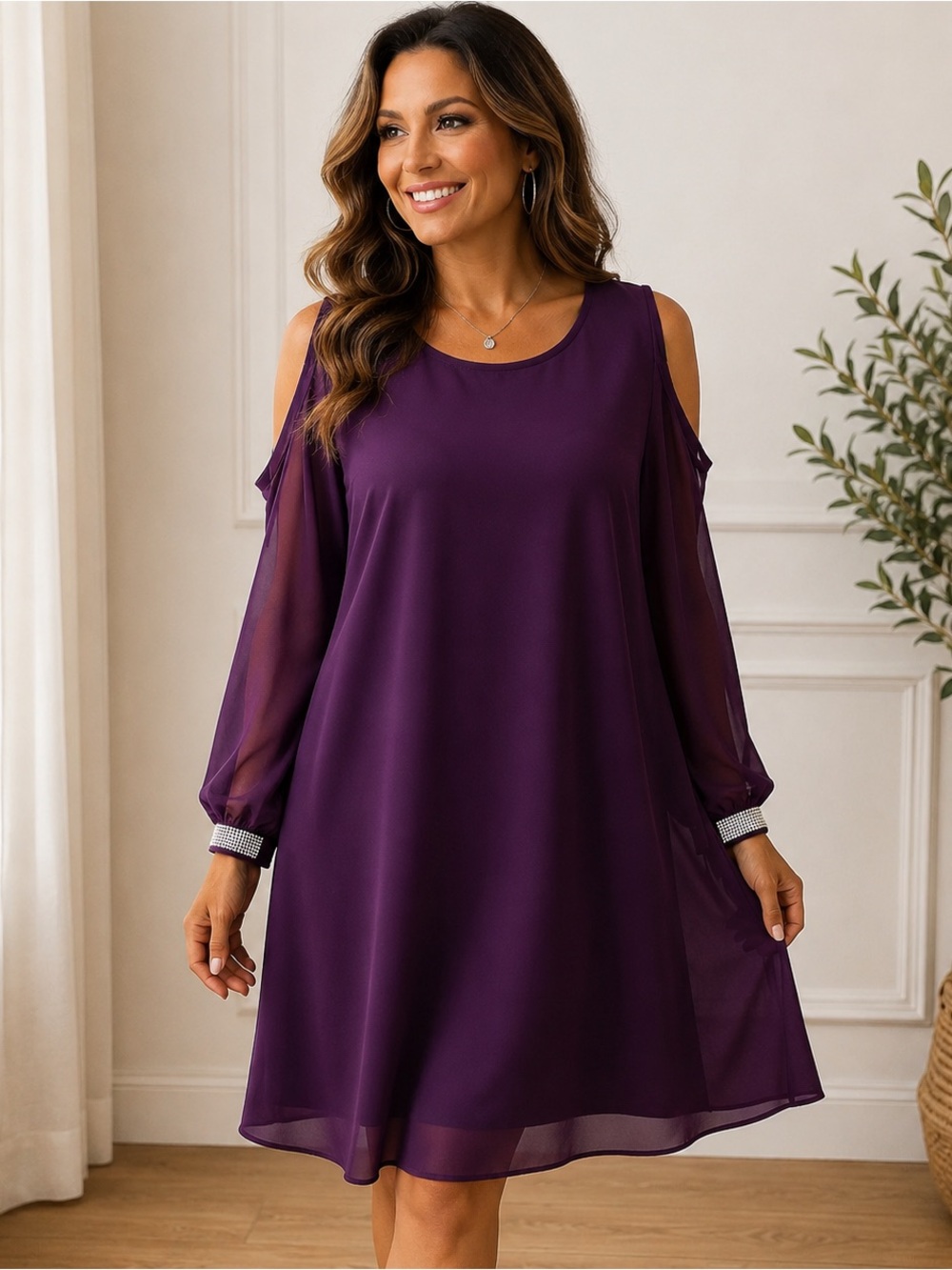 JBS Plum Cold Shoulder Chiffon Sleeve Dress | Size 8